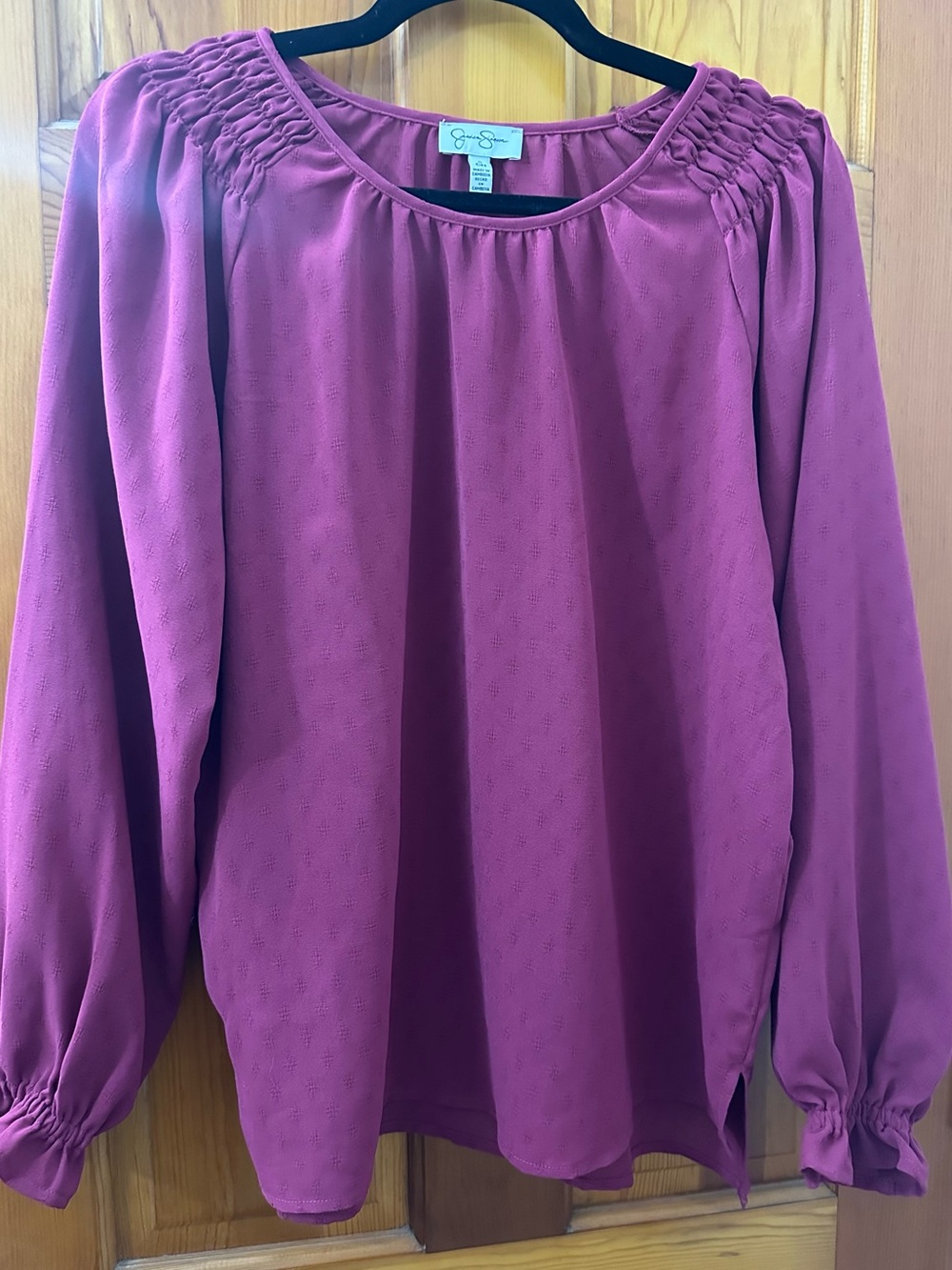 Jessica Simpson Magenta Long Sleeve Smocked Shoulder Blouse